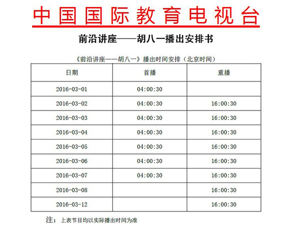 中国国际电视台播放胡八一博士《前言讲座》的时刻表